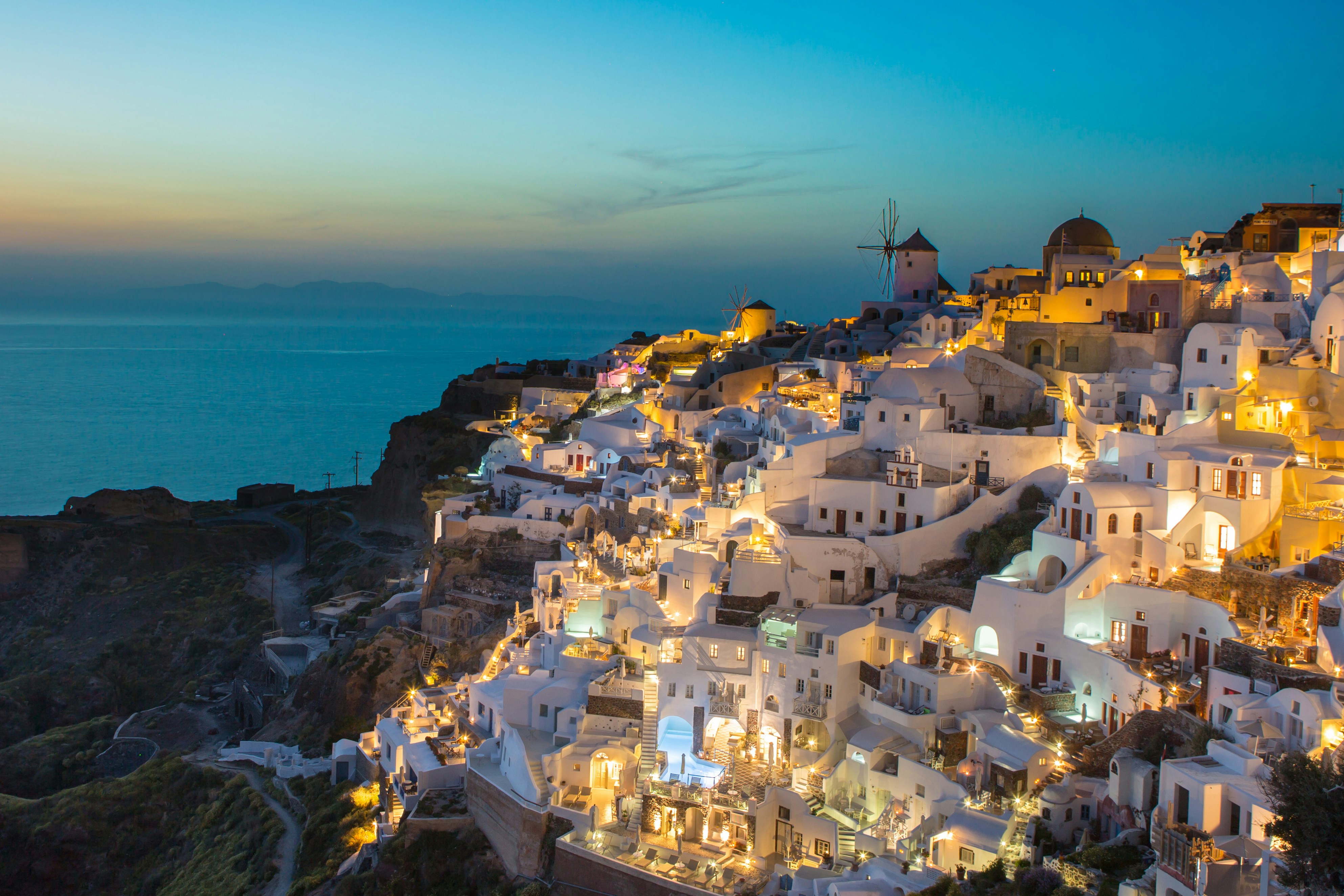 An aerial picture of buildings in greece at night.